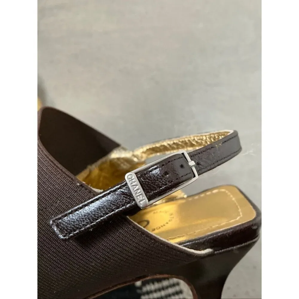 Chanel Open Toe Sandal Heels in Gold and Brown Size 35.5/36